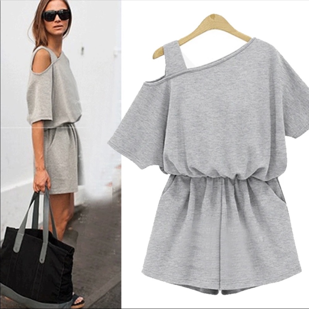 simple chic oblique Shoulder elastic waist romper